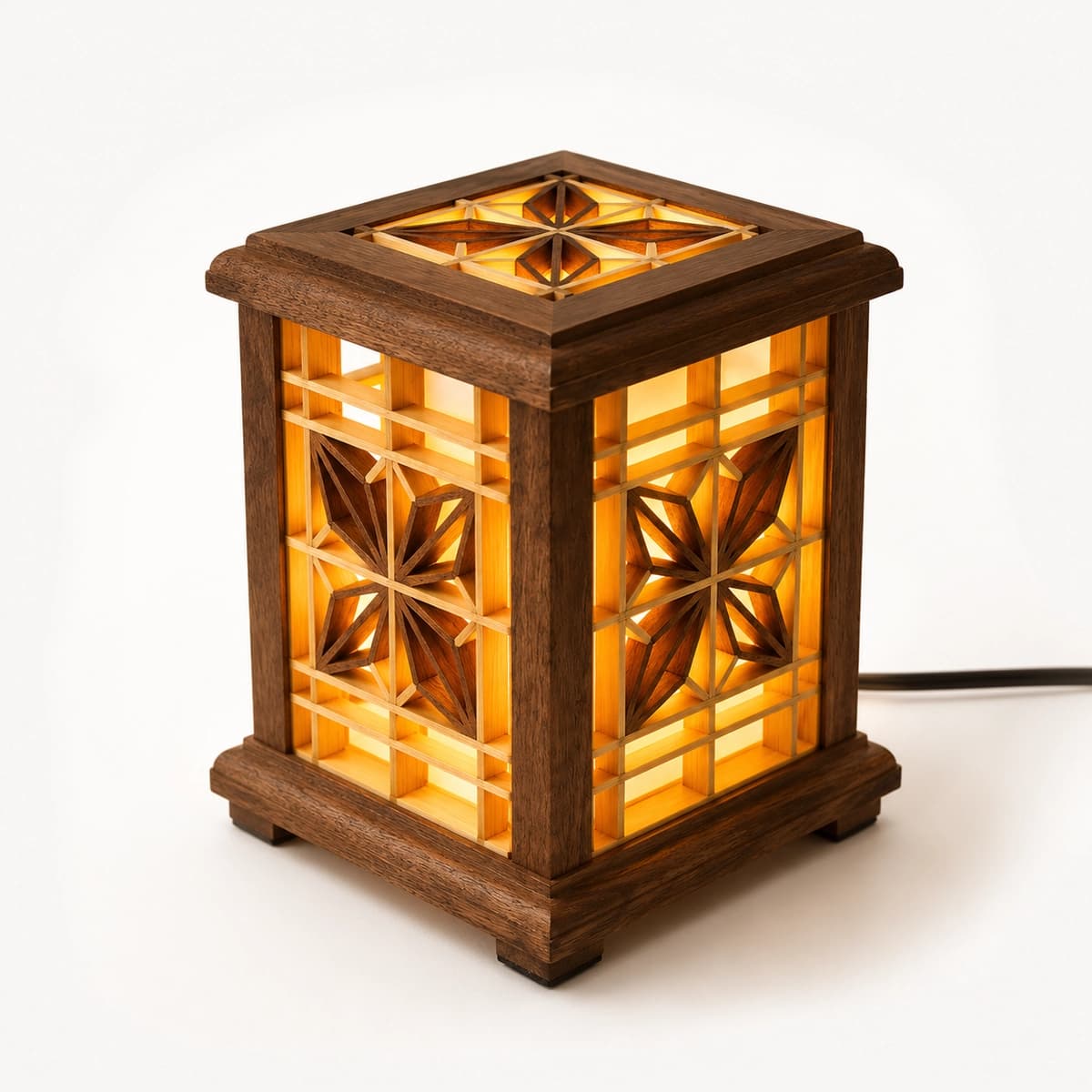 Handmade Kumiko Wooden Table Lamp - Main Product View (Lit)