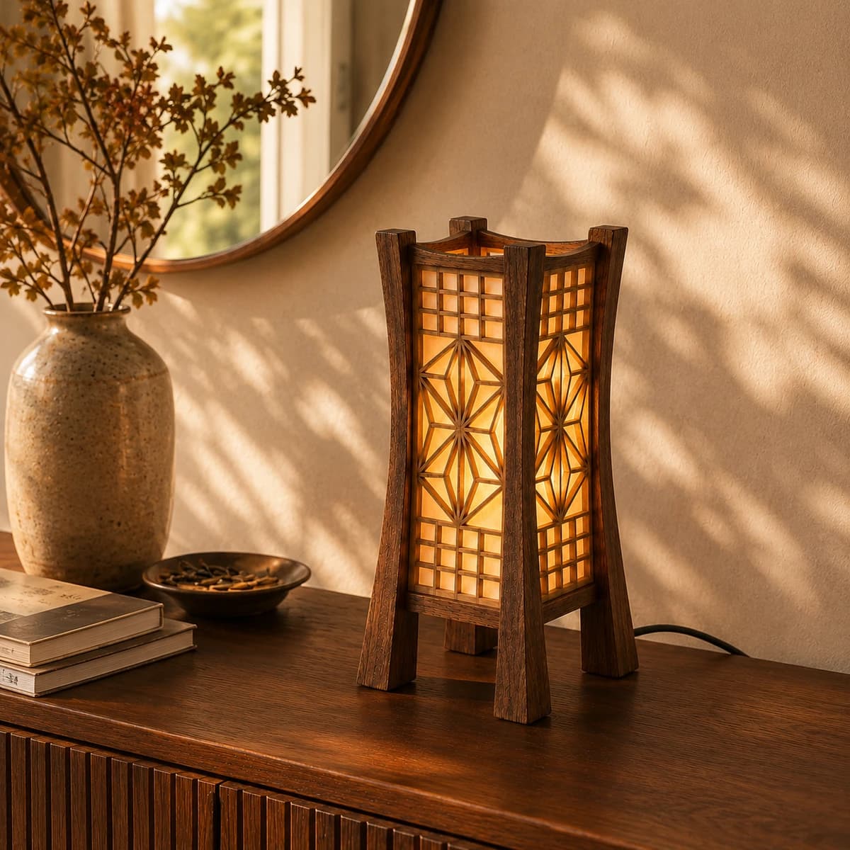 Kumiko Akari Asanoha Table Lamp - On Console in Front of Mirror