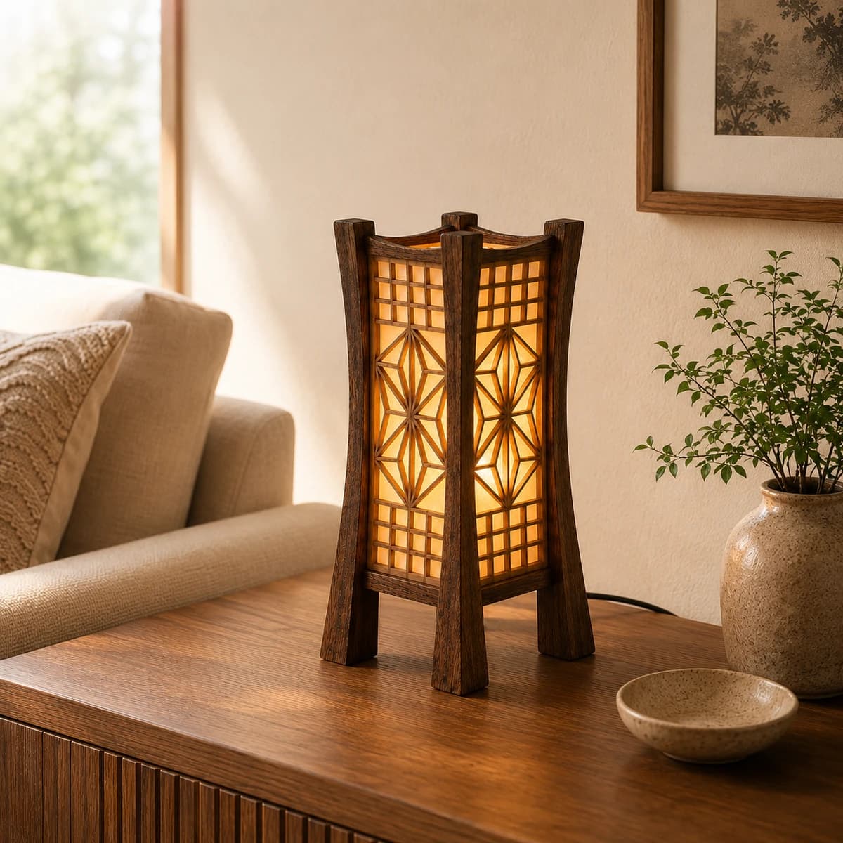 Kumiko Akari Asanoha Table Lamp - Natural Light Living Room