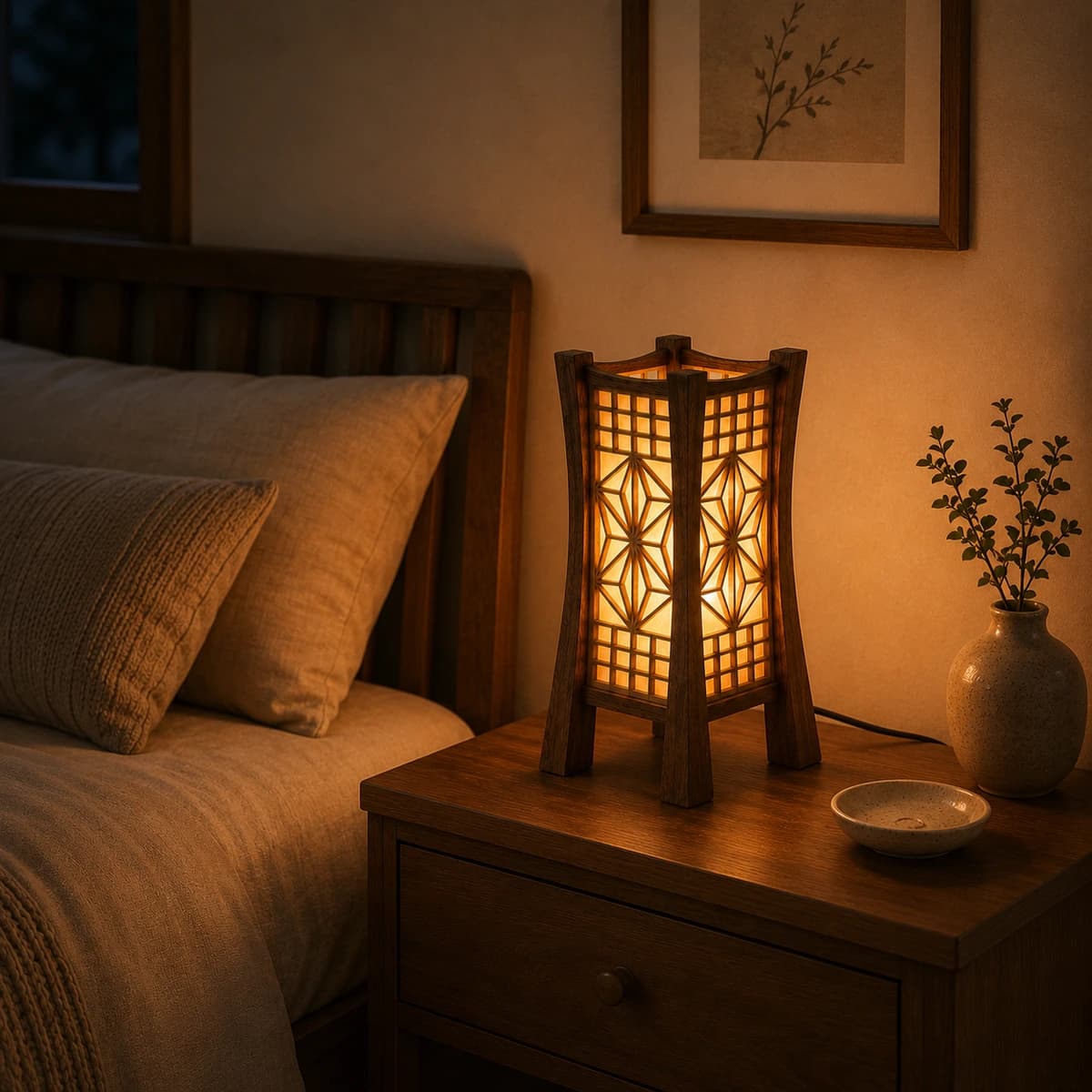 Kumiko Akari Asanoha Table Lamp - Night Bedroom Setting