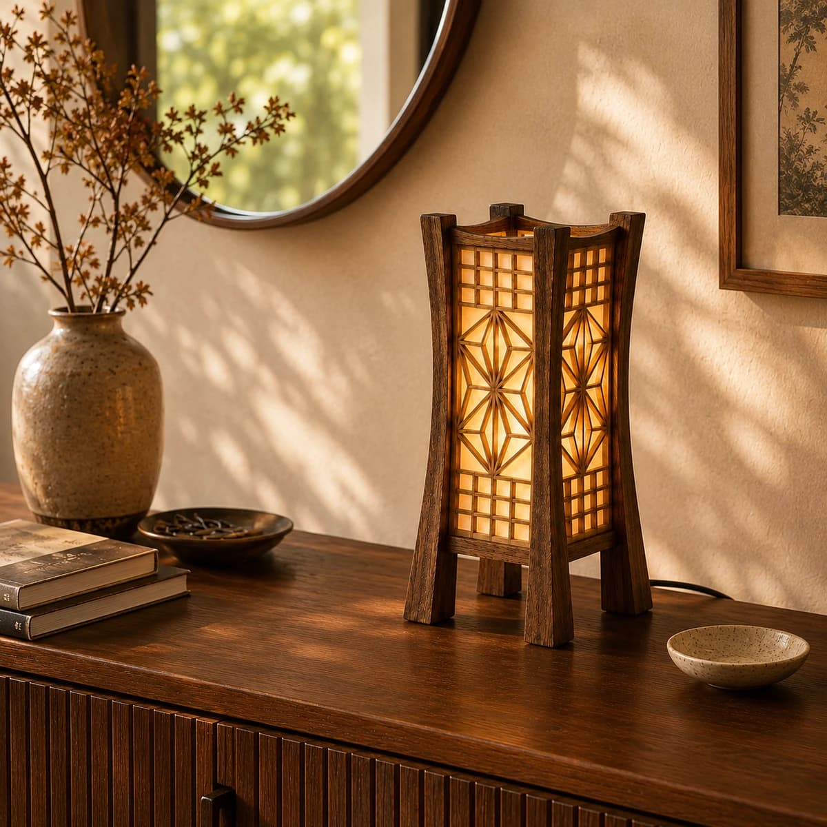 Kumiko Akari Asanoha Table Lamp - On Console in Sunlight