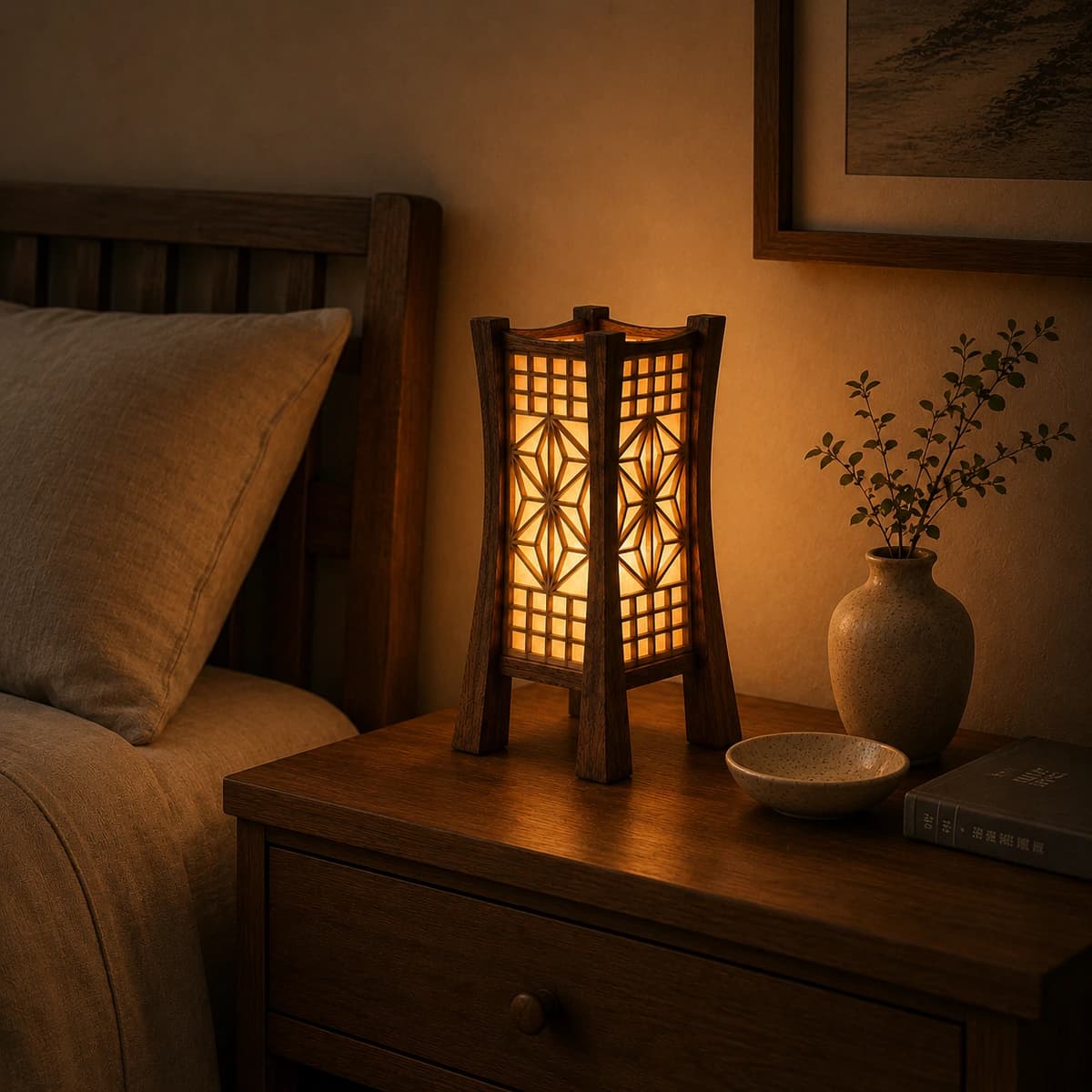 Kumiko Akari Asanoha Night Lamp - On Nightstand