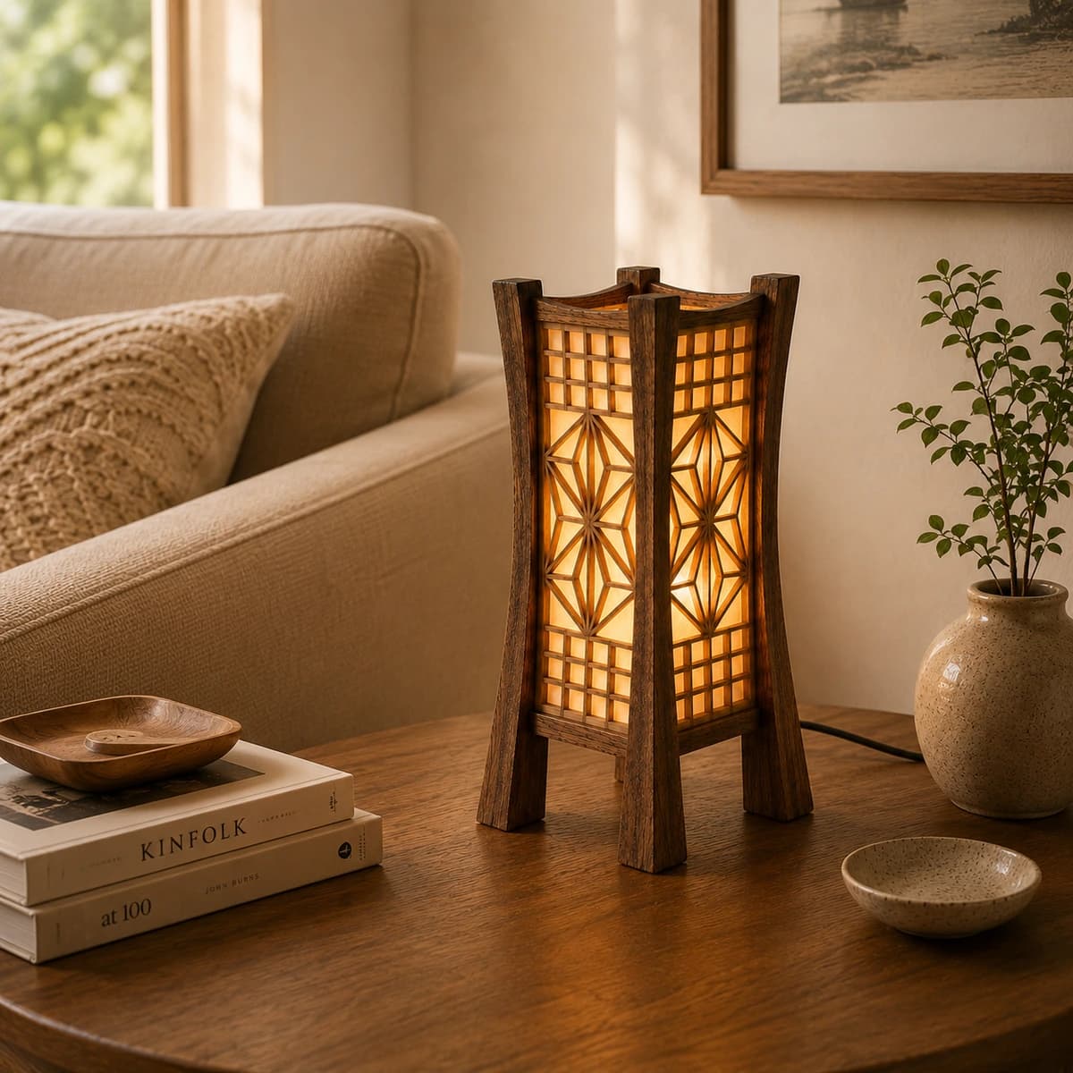 Kumiko Akari Asanoha Table Lamp - On Living Room Coffee Table