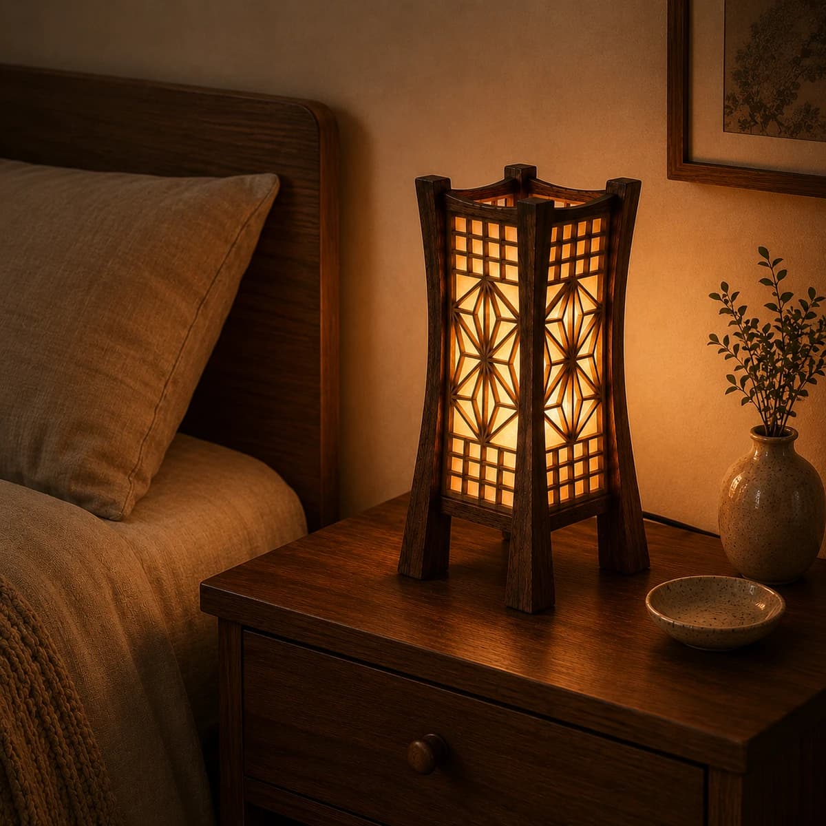 Kumiko Akari Asanoha Table Lamp - Warm Bedroom Setting