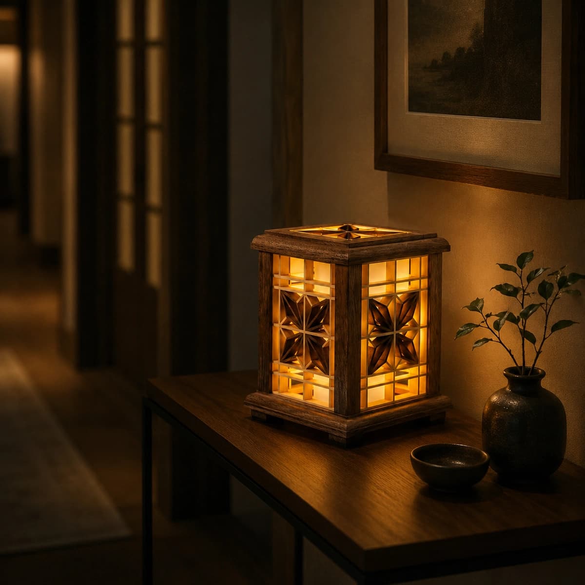 Kumiko table lamp on entryway console - decorative lighting