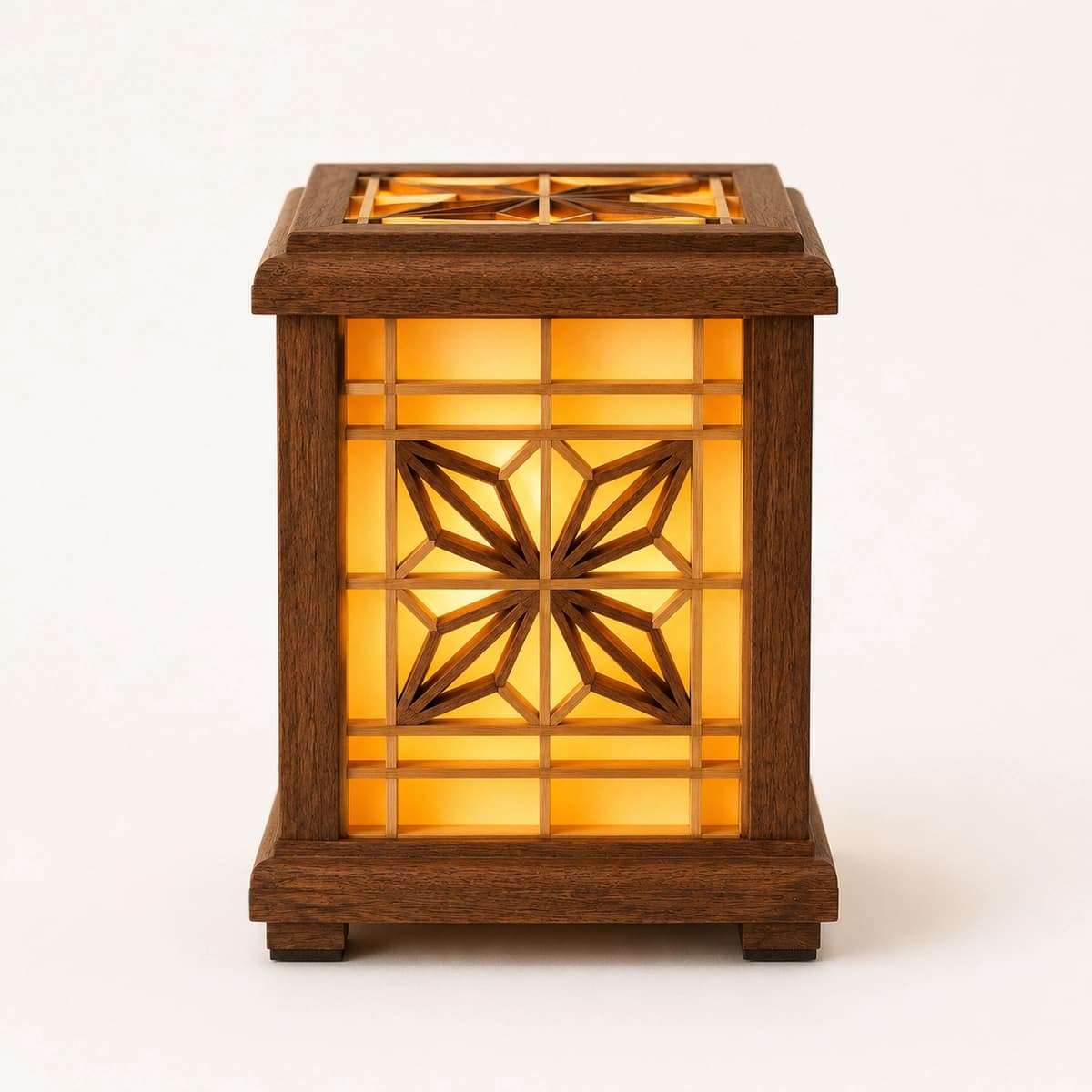 Kumiko wooden table lamp - front lit view